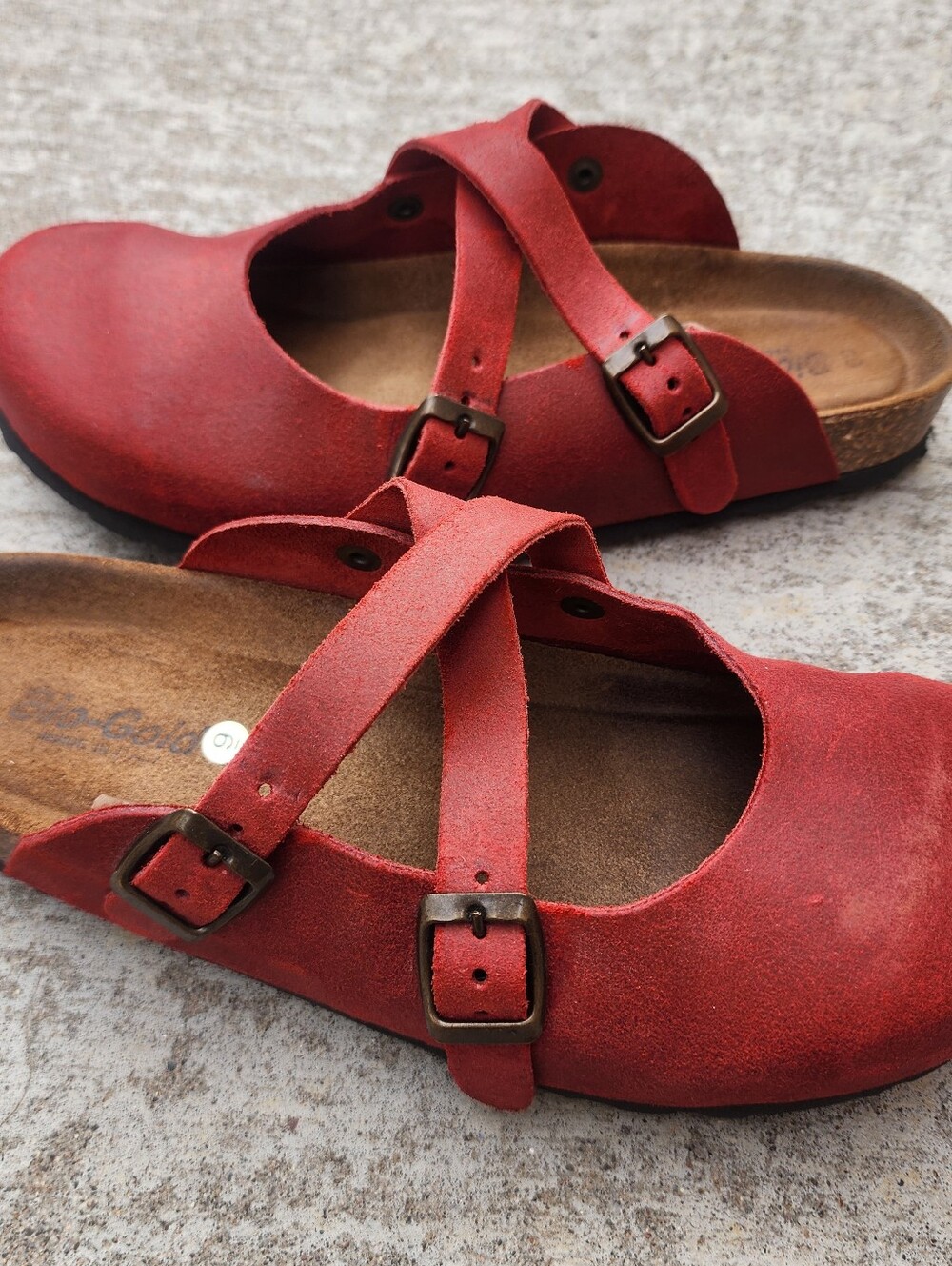Bio-Gold Red Brick Leather Double-Buckle Mary Jane Slip-On Clogs, Sz 9 / 39